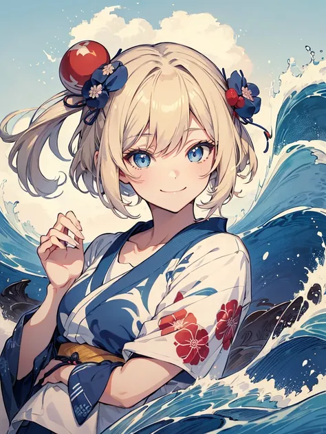 japanese style t-shirt design, hokusai wave, hokusai stil, with modern anime elements,((beautiful blue eyes)) blonde hair,ロング、髪を...