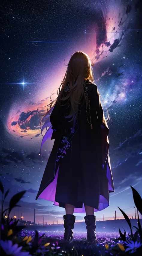 １people々々々々々,Blonde long-haired woman，Long coat， Dress Silhouette， Rear View，Space Sky, Flower Field，Colorful flowers