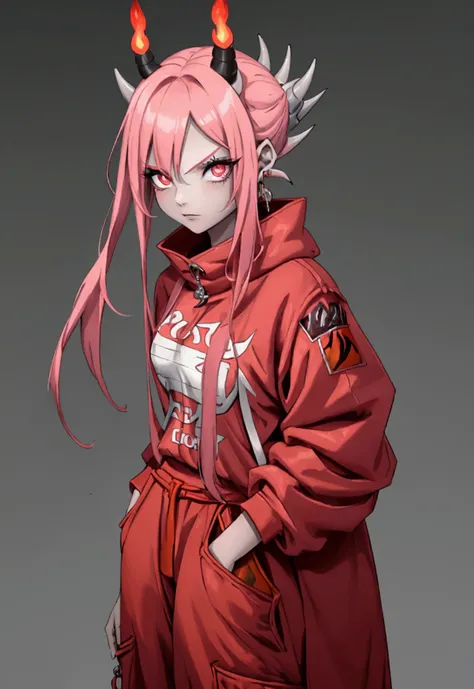 An adult female with pink skin with very thin fire horns protruding from the front of her forehead, ((hair on fire fire)) ((with baggy clothes style oriental rpg world)) (perfect human eyes) (perfectbody) work of art, best qualityer, (full viwer), bottom c...