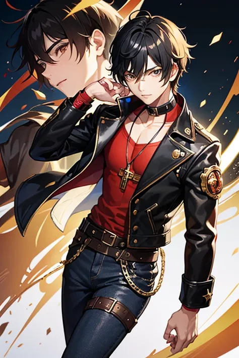 Bennett genshin impact 16 year old boy Black hair Steampunk with brown eyes Open black jacket Red shirt Blue jeans Gold cross necklace slim muscular build looking directly at viewer on a light red background