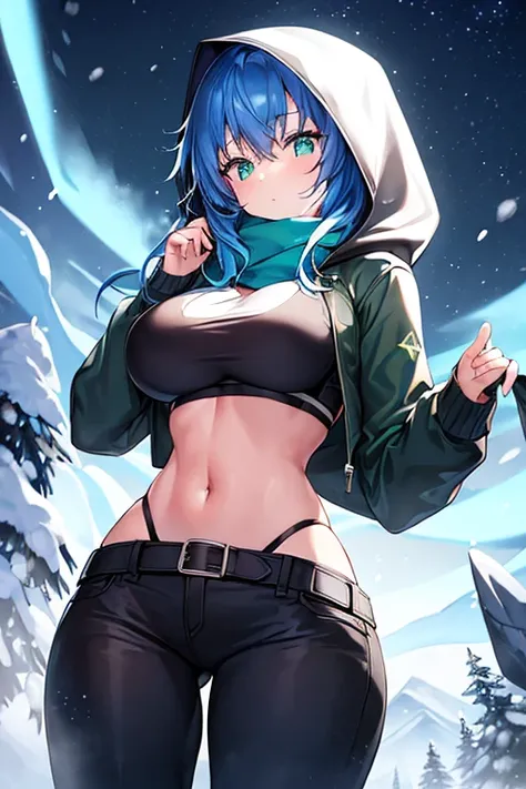 1girl, blue hair, medium hair, large breasts, breasts, green eyes, scarf, covered mouth, jacket, forest, snow, black jacket, hoddie, hooded jacket, hood on, hood up, zipper, gloves, glowing hair, glowing eyes, light blue hair, sky blue hair, night sky, sky...