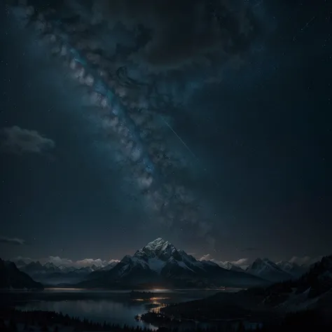 Starry sky with mountains and lake, Jessica Rossier, Inspired by Jessica Rossier, Jessica Rossier Fantasy Art, Concept Art Magic Highlights, official artwork, Draw a dream picture, impersonal kingdom, atmospheric work of art, Dreamy matte painting, Endless...