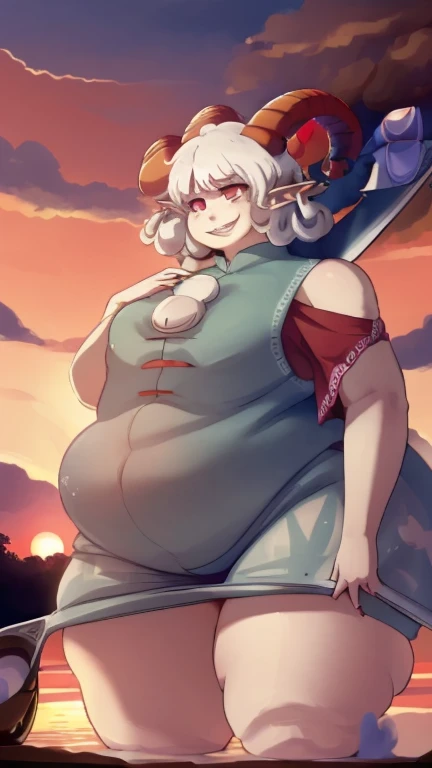 (high quality), toutetsu yuuma, anime, sharp teeth, chubby, bbw, ((wide thighs)), (curved red hornes, pointed ears,), (wide and thick hips), evil smile, (holding a shovel), ((oil splattering)), ((streached out clothes)), sunset background, oil rig,