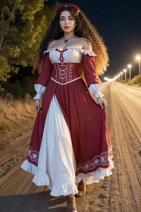 Woman ,Gipsy ,long curly hair, usando um vestido de Gipsy ,18th century red with full skirt , wearing jewelry , White corset walking along the dirt road at night.
