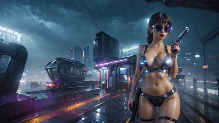 (aerial view), Blade Runner style futuristic railway platform, hi-tech train, neon lights, rainy night. (((1girl, solo, alone))), large-breast C-cup slim:0.9 body, cleavage:1.1, sexy miniskirt, (black sunglasses), ((holding a mini:1.2 pistol)), dynamic pos...