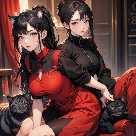 Big Breasts、Cool Girl、Black Hair、High ponytail hairstyle、red clothes、Black Shirt、Dress freely、Tiger cat、Cat Ear Pose、evening、super high quality