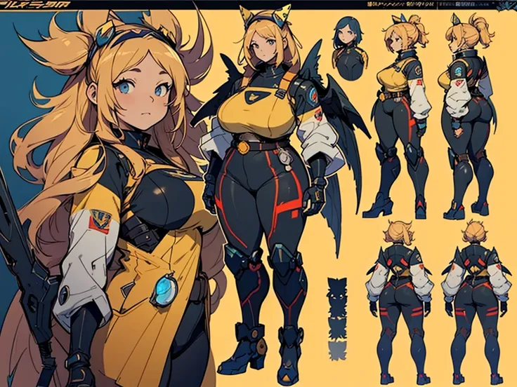 Close-up of a plump woman in a mecha bodysuit, ((character concept art)), ((character design sheet, same character, front, side, back)) character art of maple story, video game character design, video game character design, maple story plump girl, girl wea...