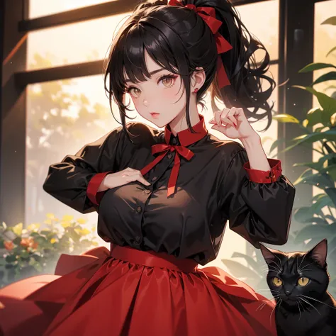 Big Breasts、Cool Girl、Black Hair、High ponytail hairstyle、red clothes、Black Shirt、Dress freely、Brown tabby cat、Cat Ear Pose、evening、super high quality