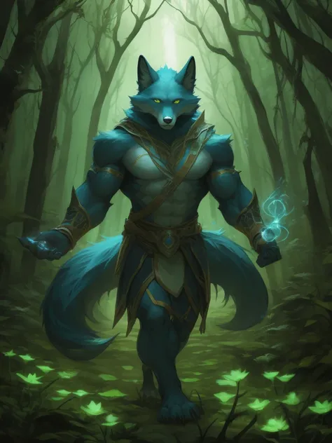 huge muscular furry fox walking in fantasy word, magic forest, glowing plants