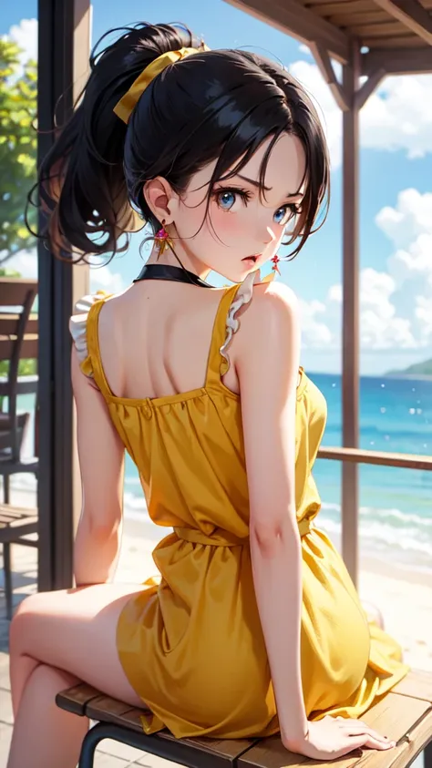 Masterpiece, best quality, earrings, yellow dress, black hair, small breasts, girl, upper body, hot, sweating, sitting on chair, ponytail, looking at camera, sea, summer, facing forward, legs spread, angry