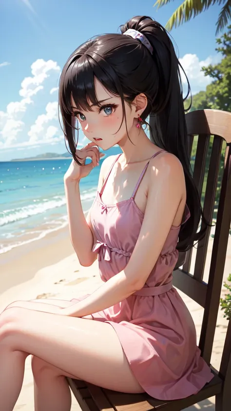 Masterpiece, best quality, earrings, pink dress, black hair, small breasts, girl, upper body, hot, sweating, sitting on chair, ponytail, looking at camera, sea, summer, facing forward, legs spread, angry