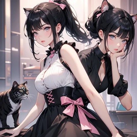 Big Breasts、Cool Girl、Black Hair、High ponytail hairstyle、Pink clothes、Black Shirt、Dress freely、Tiger cat、Cat Ear Pose、evening、super high quality