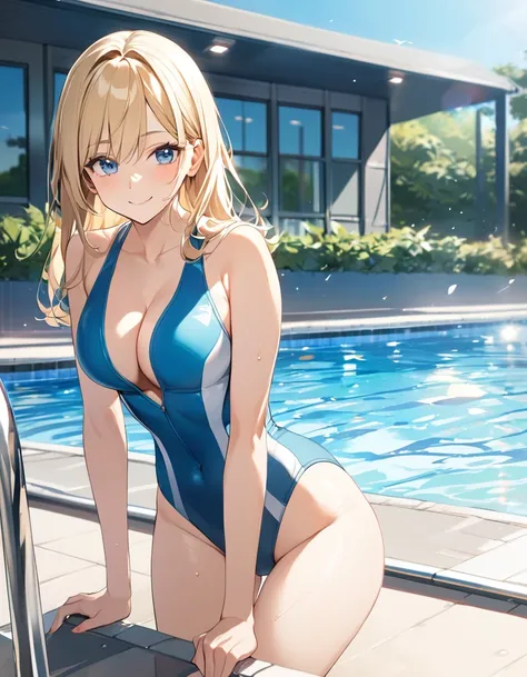 (Top quality illustrations:1.2), (pretty girl:1.1), (1 girl、17 years old、Top quality illustrations:1.2), (1 girl、Kind eyes、blue eyes:1.2)、Blonde、Semi-long hair、Competitive swimming suits、High leg、Cowboy Shot、sexy、Large Breasts、Outdoor swimming pool、School ...