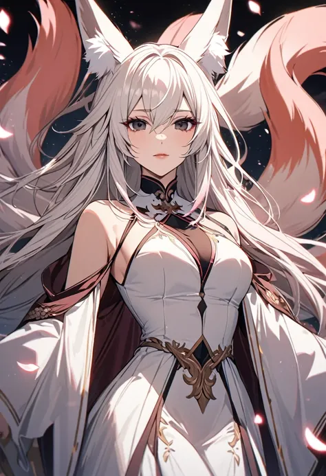 female, nine-tailed female, female fox, nine-tailed fox, fox ears, white hair, pink hair, long hair, black eyes, pretty, beautiful, beautiful color, mature, dress, flying petals, super detail, beautiful color,peerless beauty, pure, adult, maine face, front...