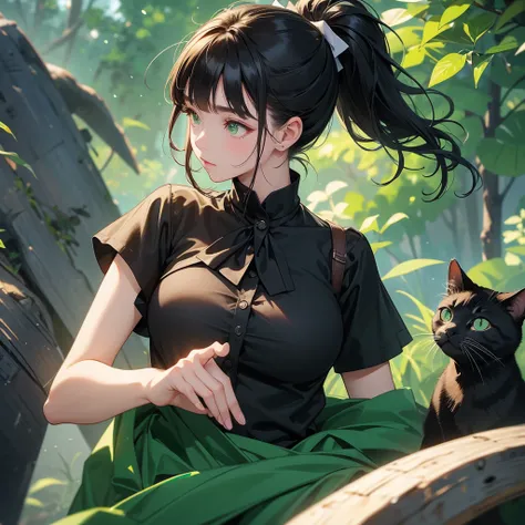 Big Breasts、Cool Girl、Black Hair、High ponytail hairstyle、Green clothes、Black Shirt、Dress freely、Brown tabby cat、Cat Ear Pose、evening、super high quality