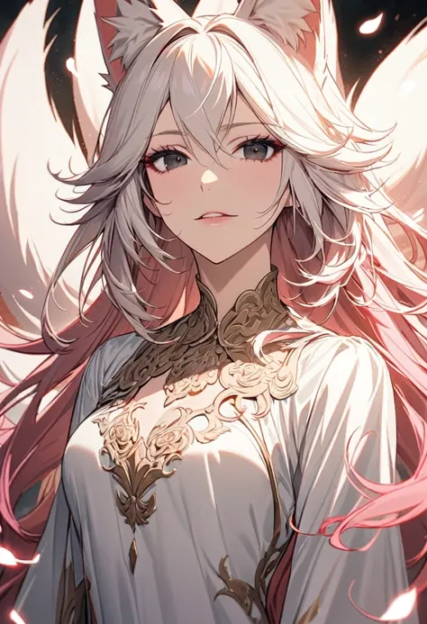 female, nine-tailed female, female fox, nine-tailed fox, fox ears, white hair, pink hair, long hair, black eyes, pretty, beautiful, beautiful color, mature, dress, flying petals, super detail, beautiful color,peerless beauty, pure, adult, maine face, front...