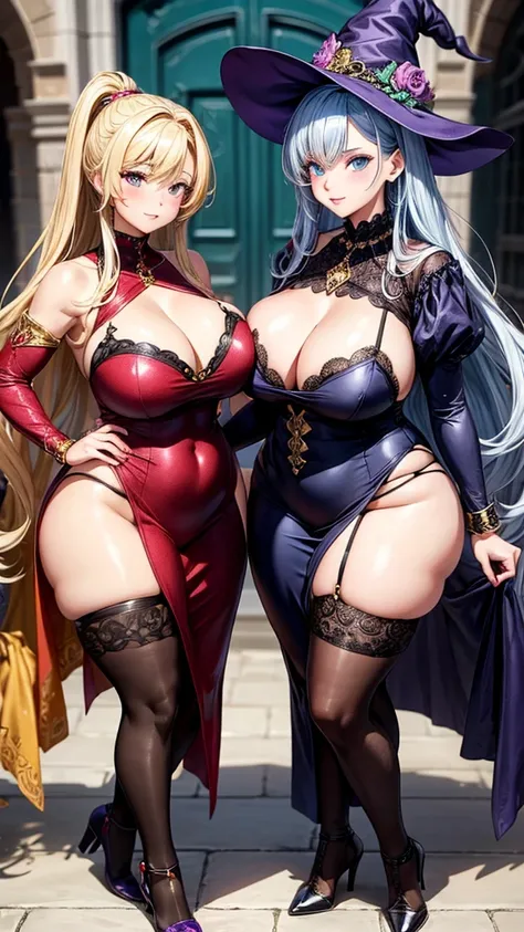 High detailed, 2 girls, big busty, firm plump, witch clothes, matching hairstyles, matching clothes, matching physique, jewels, posing together