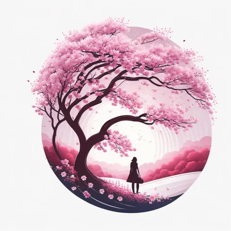 a cherry blossom tree in spring landscape, t-shirt design, rzminjourney, vector art, circular silhouette, white background