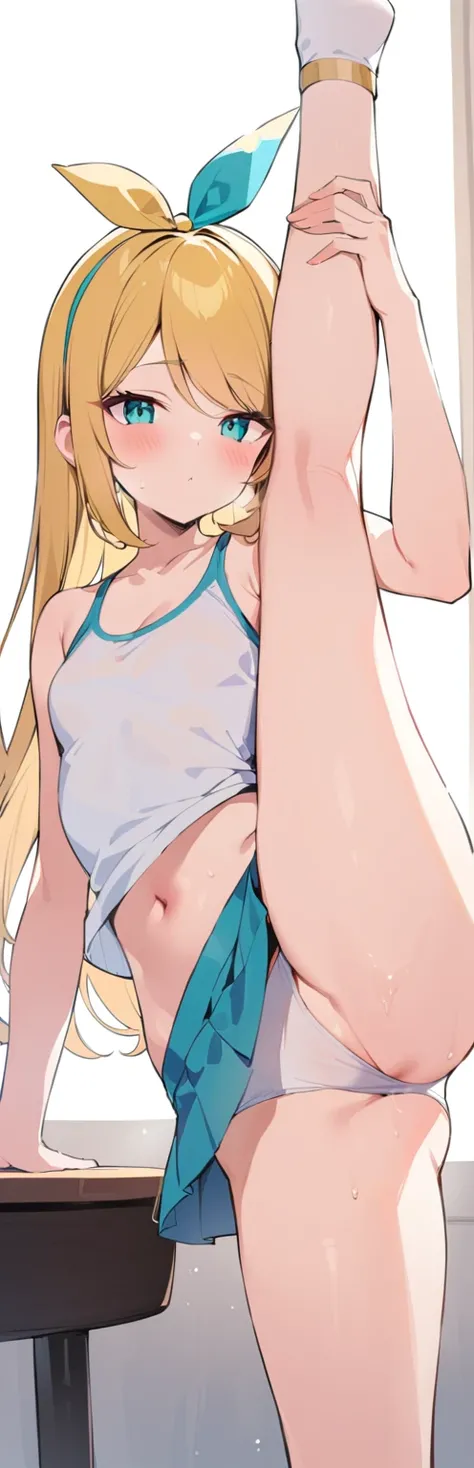 (masterpiece, best quality:1.2), 1girl, 独奏,standing_split, 
long hair, White sleeveless tank top，mini skirt,Kagamine Rin,NSFW,slender,White underwear,