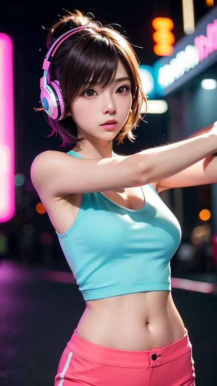 an anime style ,Stunning  of cute Asian teen with Over-ear headphones neon light ,wavy brown short hair in tight stretch tank top and  street jacket, low waist short pants ,exposed beautiful breast, medium long body shot, dynamic, very detailed, soft and s...