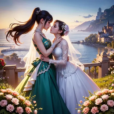 (masterpiece, highest quality, official art, beauty and aesthetic:1.5), (perfect anatomy, perfect hands), two stunning bride is deeply in love with each other, kiss, romantic atmosphere, flower and moon, magnificent panorama view