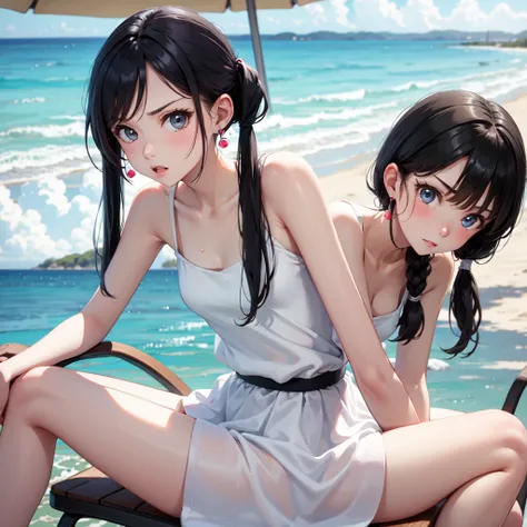 Masterpiece, best quality, earrings, white dress, black hair, small breasts, girl, upper body, hot, sweating, sitting on chair, pigtails, looking at camera, sea, summer, facing forward, legs spread, angry