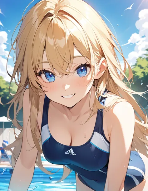 (Top quality illustrations:1.2), (pretty girl:1.1), (1 girl、17 years old、Top quality illustrations:1.2), (1 girl、Kind eyes、blue eyes:1.2)、Blonde、Semi-long hair、Competitive swimming suits、High leg、Cowboy Shot、sexy、Large Breasts、Outdoor swimming pool、School ...