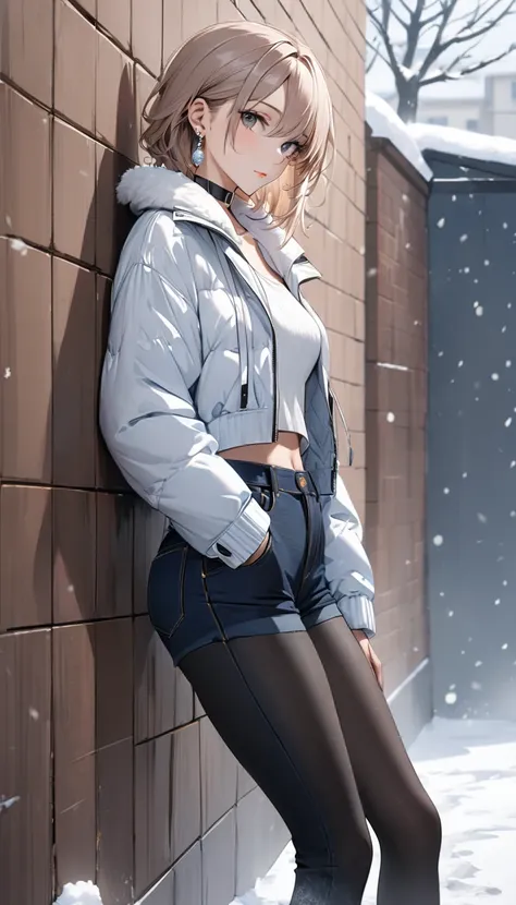 Highest quality, wonderful_delicate, beautiful, 8k, Jacket, Earrings, choker, concept,whole body,Leaning against a wall,Watch the viewer with a sideways glance,Low rise,Jeans Hot Pants,Black Pantyhose,winter,Snow is falling