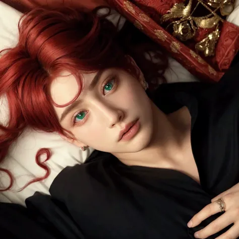 a close up of a person laying on a bed with a vermelho hair, his eyes glowing vermelho, crimson vermelho hair and vermelho eyes, his eyes are vermelho and glowing, with vermelho hair and green eyes, with vermelho hair, Jungkook Jeon BTS