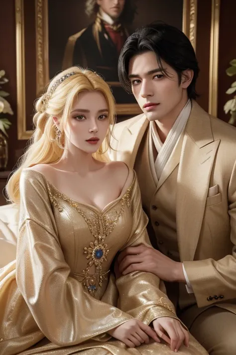 Historical. Luxurious clothes. Elegant couple, masculie man and beautiful woman. Man black hair color and golden/yellow hair color. woman Very deatiled face. Pretty eyes (perfect eyes). 8K resolution. Masterpiece. Romantic, love, glowing light. Look at the...