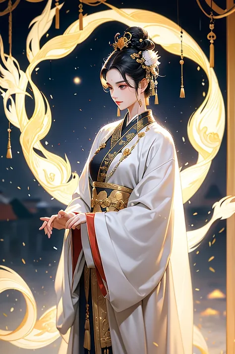 black hair, immortal, beauty, royal sister, stepmother, white taoist robe, golden phoenix coronet, hair bunch, mature woman