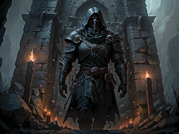  A classic scene of a Dungeon, a warrior with armour; stone walls with torches, wooden door., set within the forbidding confines of a dungeon lair. The scene evokes the feel of fantasy board games, adding a familiar air to the ominous setting. The image ca...