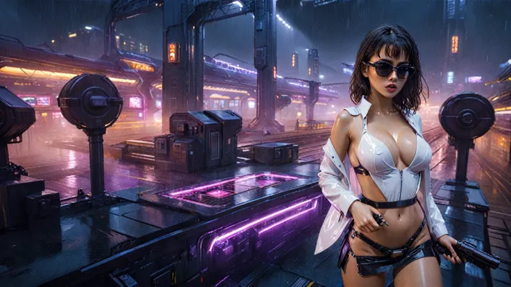 (aerial view), Blade Runner style futuristic railway platform, hi-tech train, neon lights, rainy night. (((1girl, solo, alone))), large-breast C-cup slim:0.9 body, cleavage:1.1, sexy miniskirt, (black sunglasses), ((holding a mini:1.2 pistol)), dynamic pos...