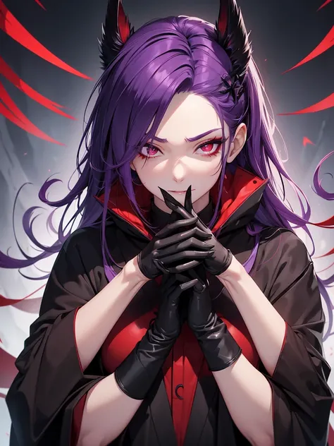 boy, purple hair. The skin is pale. Instead of ears, black wings. Так же black wings за спиной. Japanese red makeup on the face. red eyes, and the eyeballs are black. Tail like a crow. Long claws, hands in black gloves. Red fans in hands. Black Japanese ca...