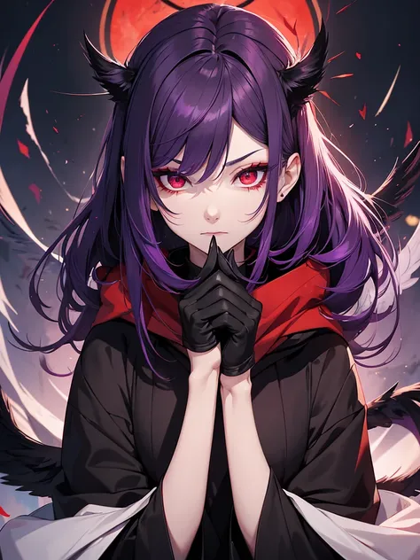 boy, purple hair. The skin is pale. Instead of ears, black wings. Так же black wings за спиной. Japanese red makeup on the face. red eyes, and the eyeballs are black. Tail like a crow. Long claws, hands in black gloves. Red fans in hands. Black Japanese ca...