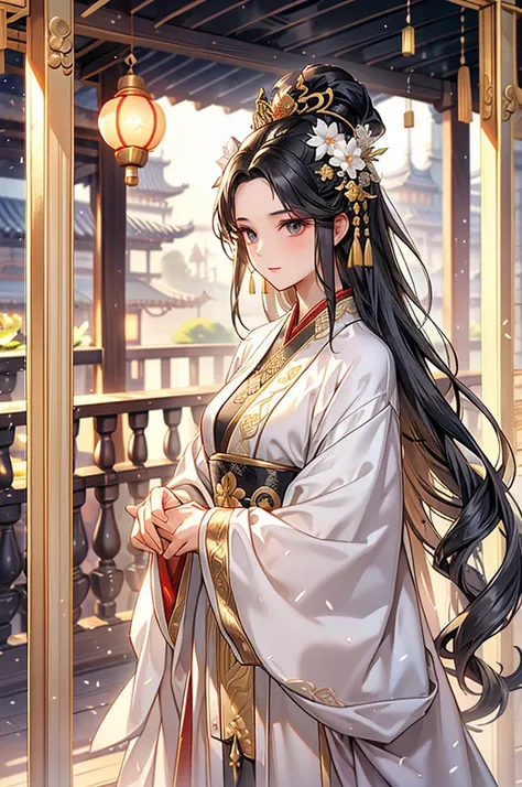 black hair, immortal, beauty, royal sister, stepmother, white taoist robe, golden phoenix coronet, hair bunch, mature woman