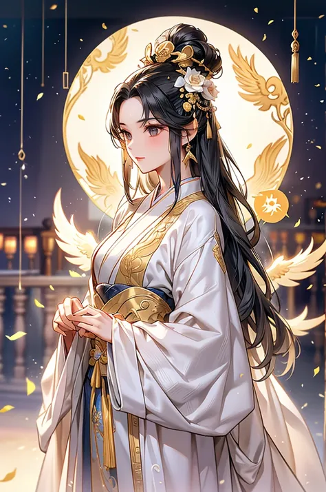 black hair, immortal, beauty, royal sister, stepmother, white taoist robe, golden phoenix coronet, hair bunch, mature woman