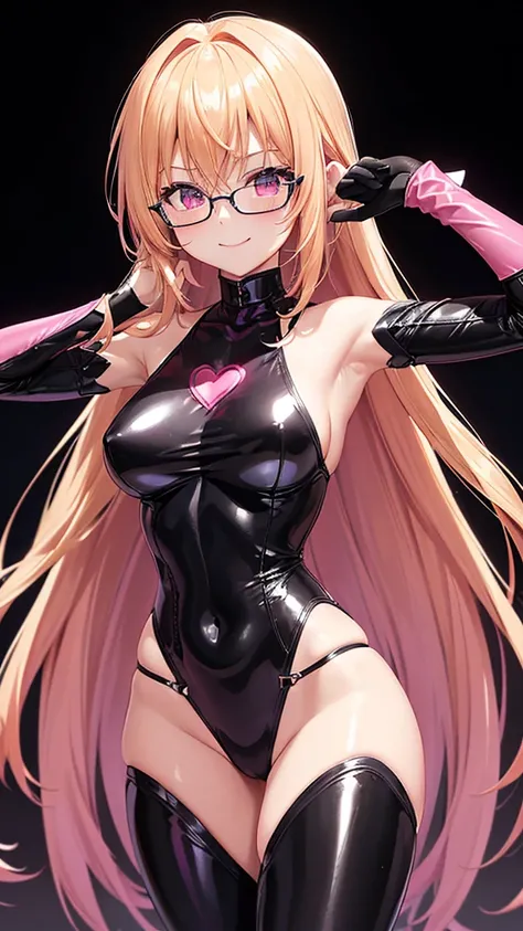 night、Tiaille Lunatique(To Love-Ru)、Blonde、Glasses、Black Background、Evil background、Hotel Bedroom、Sensual pink light、A shiny, deep pink rubber suit that wraps around the body、Upper Body、tall、Black long gloves、Upper Body、Evil female warrior、Fantasy、Condesce...