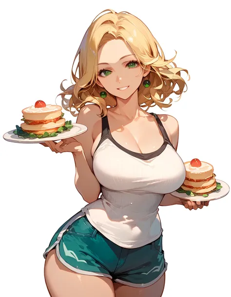 (score_9,score_8_up,score_7_up),1woman,solo,source_anime,mature,big sister,middle age,blonde hair,green eyes,wide hips, large breasts,looking at viewer, warm smile, warm expression, holding a plate of omelette, tank top, shorts, white background, simple ba...