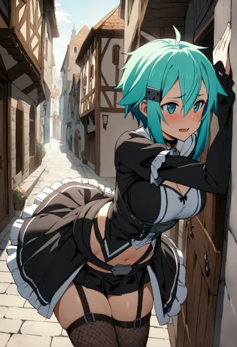 NSFW,masterpiece,Highest quality,High resolution,Very detailed,Sinon(Sword Art Online),(High-quality Gothic Lolita dress),mini skirt,Fishnet tights,A tense face,Medieval Europe,castle town,Alley,(male),Doing a kabedon,maleが手マンをする