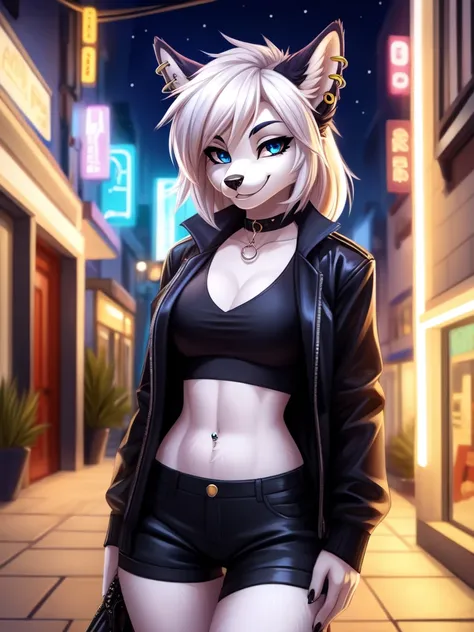 Anthropomorphic character, furrygirl, perfect body, looking at the viewer, provocative look, smilling, wearing very cool street clothes, wearing some piercings, whole body, very beautiful appearance, original character