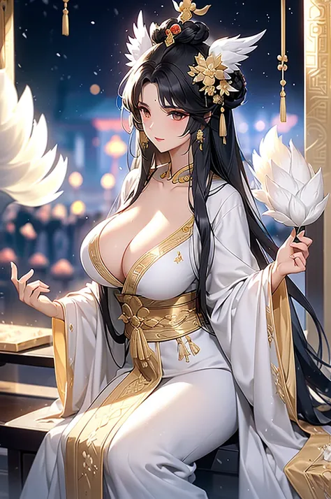 Black Hair, Immortal, Beauty, Royal sister, Stepmother, White Taoist robe, Golden Phoenix Coronet, Hair Bunch, Big breasts, Mature Woman