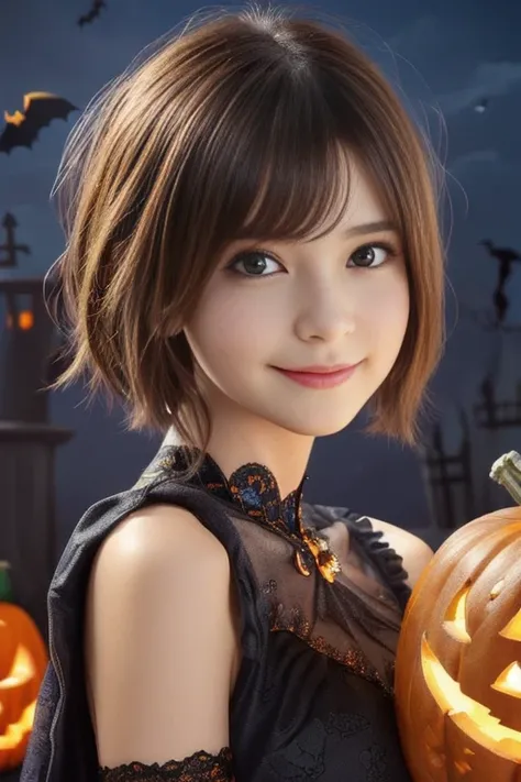 ((from below,upper body),a 25 years old girl, detailed cutie face, Beautiful, evenly balanced, detailed eyes, detailed dropped eyes, beautiful charming smile, extremely detailed face,slender body,short hair,anime style, (halloween costume):2.0), Highres fi...