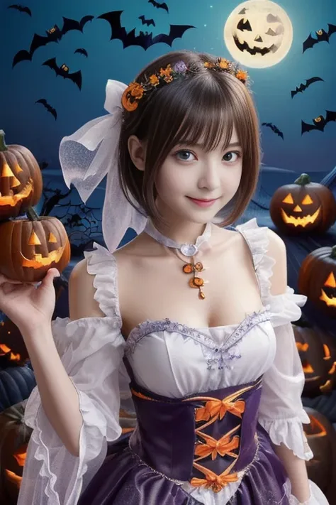 ((from below,upper body),a 25 years old girl, detailed cutie face, Beautiful, evenly balanced, detailed eyes, detailed dropped eyes, beautiful charming smile, extremely detailed face,slender body,short hair,anime style, (halloween costume):2.0), Highres fi...