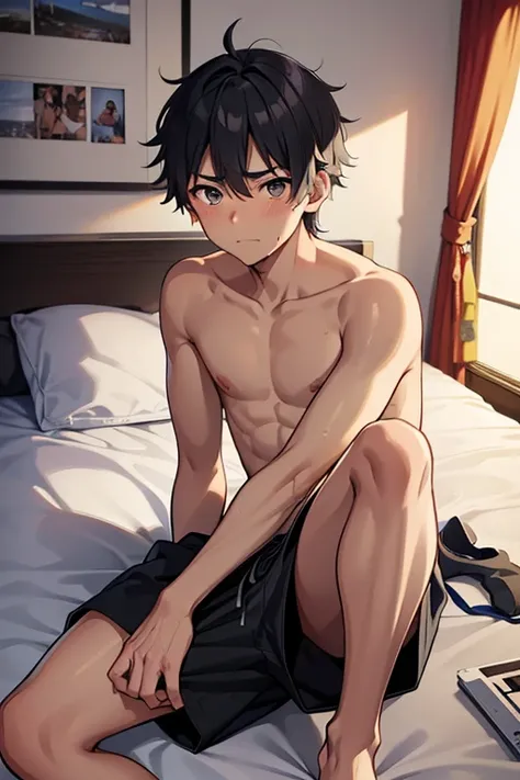 Tanned skin、Male college student、1 Japanese boy、Shoesless、Shirtless、Black shorts、Facing forward、Length 180cm、High resolution、Very detailed、His room、Mature cute face、Grey hair、 Grey eyes、Embarrassed look、Tatoo、Messy hair、Lying on his bed