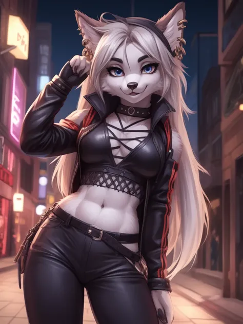 Anthropomorphic character, furrygirl, perfect body, looking at the viewer, provocative look, smilling, wearing a very attractive and cool street outfit, wearing some piercings, whole body, very beautiful appearance, original character