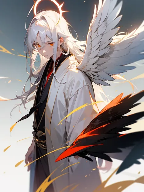 1 boy, Japanese costume, golden eyes, long hair, white hair, calm look, light background, halo on head, red halo, angel wings, black wings.