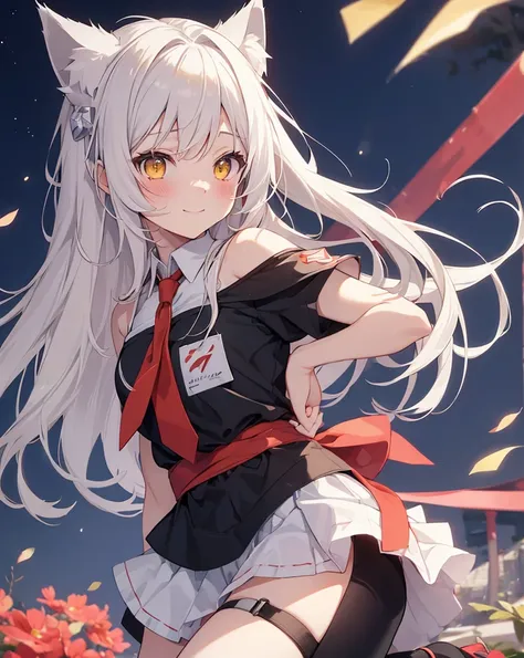 (Highest quality, Masterpiece: 1.2), (Solo), detailed night cute shot CHARACTER DESCRIPTION 1girl, cat ears, neko ears, fox tail. shes my girlfriend. solo, ((yellow eyes)), ((white_hair)). smile, long_hair, hair_between_eyes, Cute smile, shes flirting, loo...