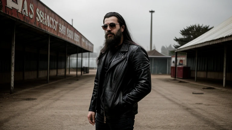 promotional photo in the middle of an abandoned fair for advertising photography of a rock band, aggressive look, heavy rock band, slaughterhouse, band promotion, portrait photo, Profile picture, pro life, promotional photo of the band, threatening look, P...