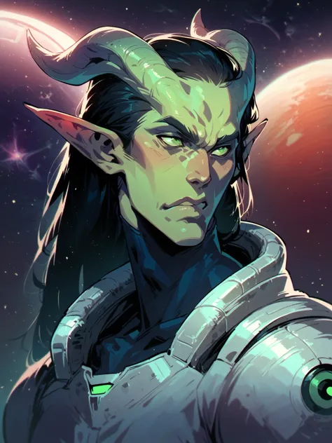 Tiefling, one character, solo male, alien horns, male, young male, sci fi, space, space clothes, long hair, black hair, green eyes, aquamarine skin, cosmic, space suit, cosmic feature, alien, futuristic space suit